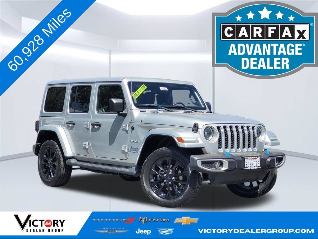 2023 Jeep Wrangler 4xe Sahara in Silver — front three-quarter view