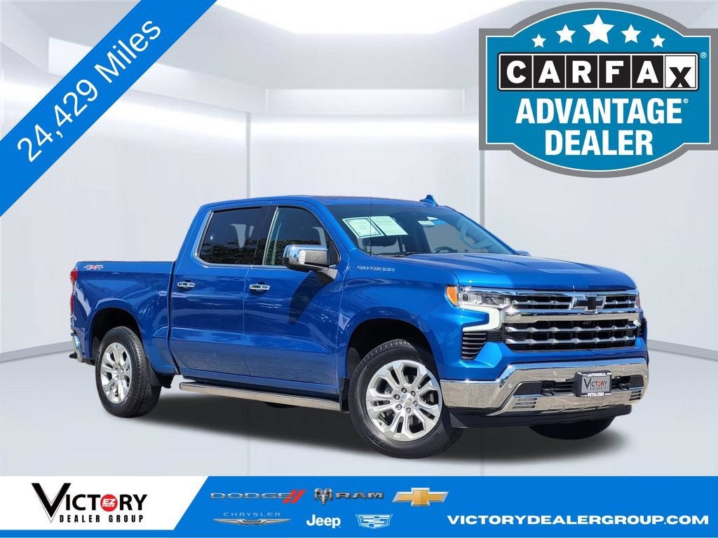 2022 Chevrolet Silverado 1500 LTZ in Glacier Blue Metallic — front three-quarter view